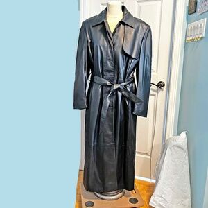 LAMB LEATHER COAT, BOD AND CHRISTENSEN, NAVY, MISSES 12, MIDI LENGTH, MADE IN CA